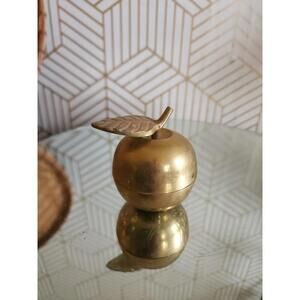 Vintage Solid Brass Enesco Apple Trinket Box Keepsake Leaf Handle